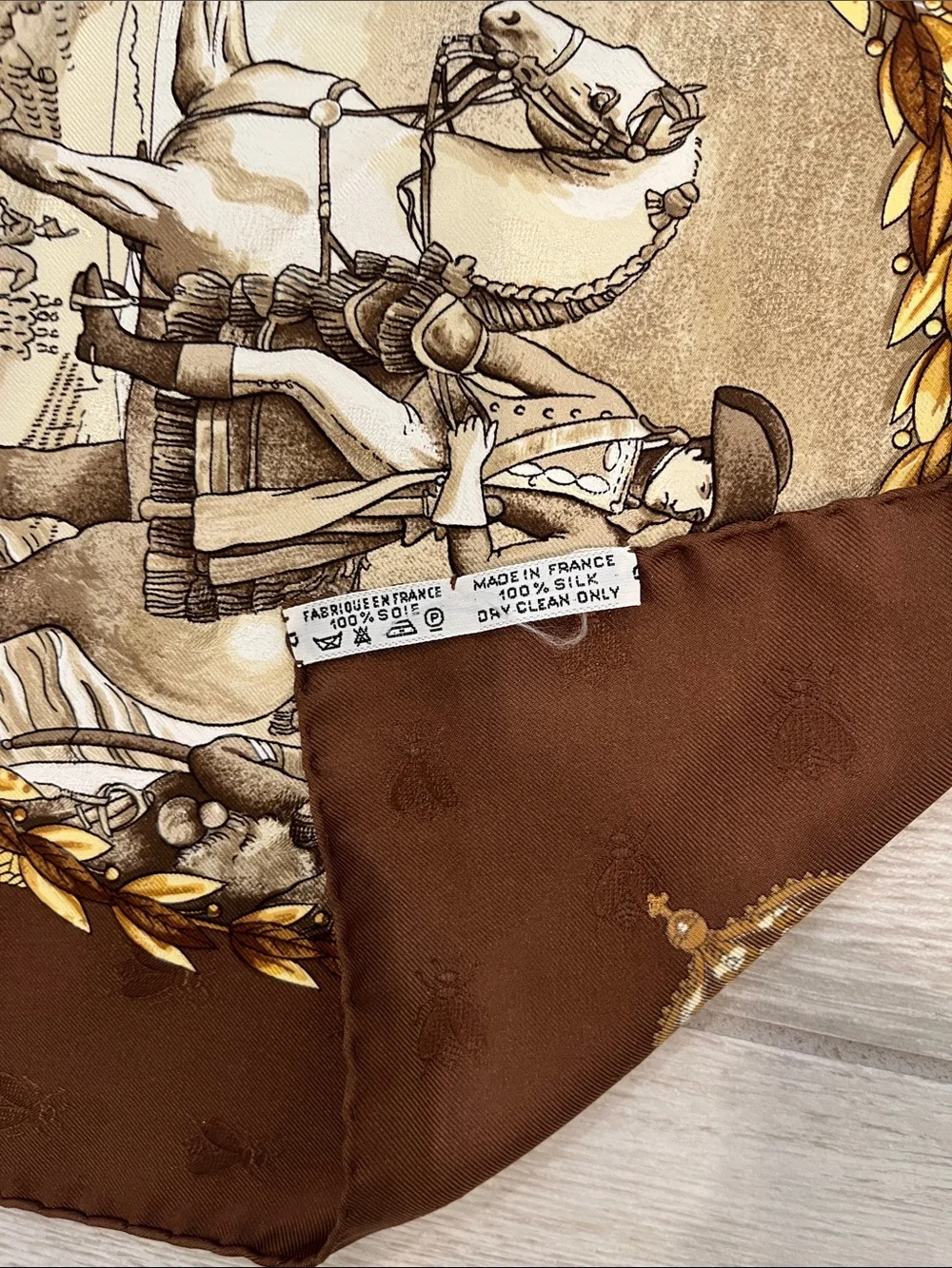 Hermes Brown and Gold Napoléon Silk Scarf